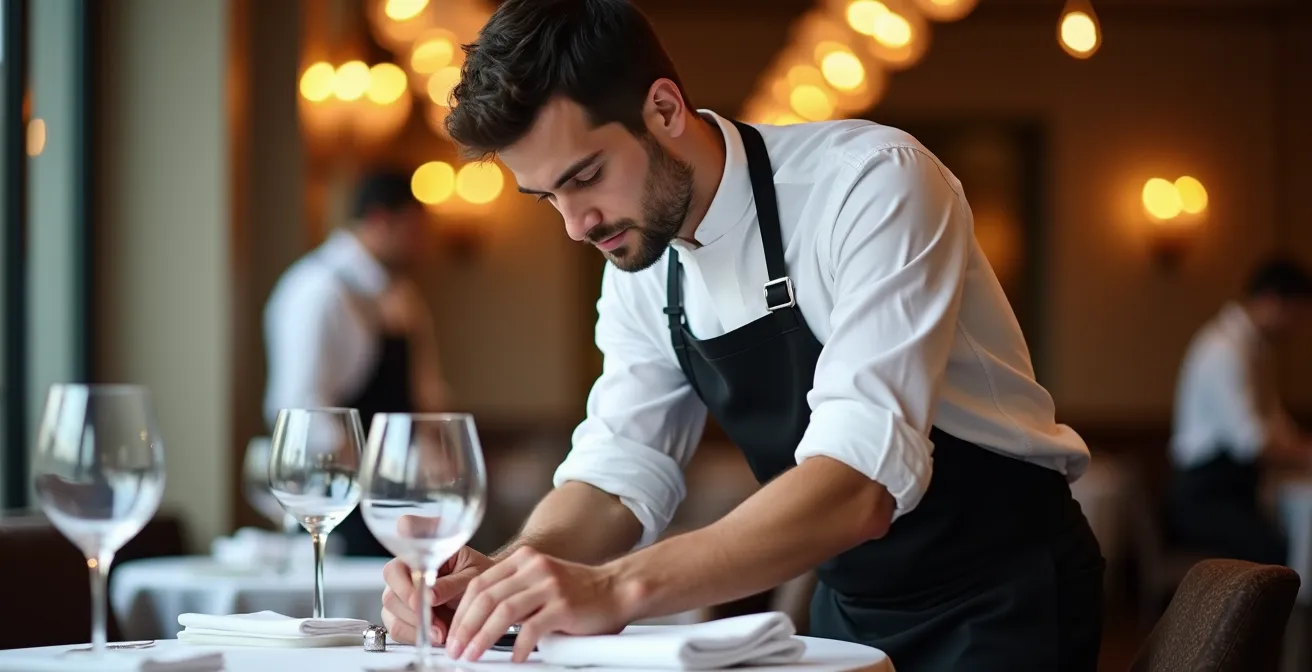 Personnel de restaurant en action préparant une salle pour un événement