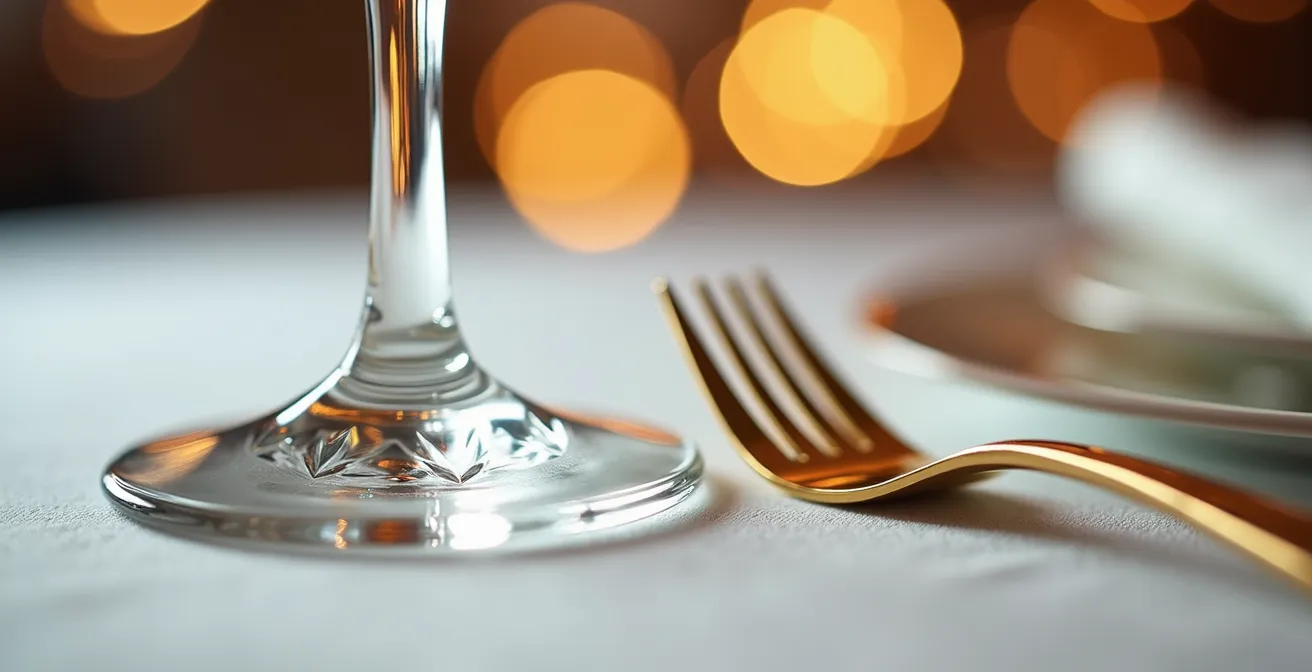 Gros plan sur une table dressée avec verres en cristal et couverts dorés