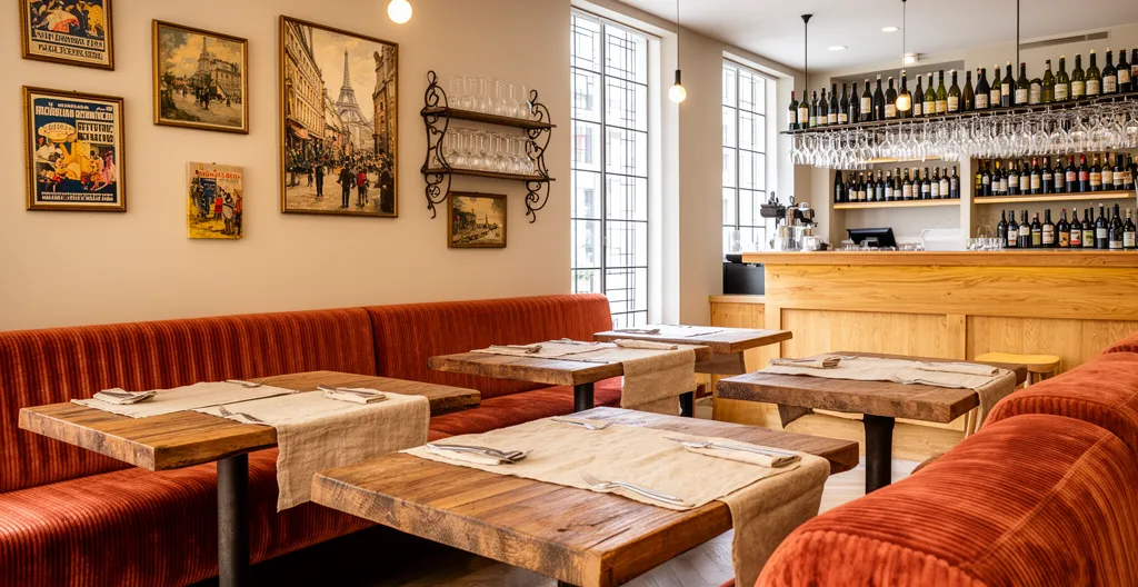 Salle de restaurant bistrot avec tables en bois et décoration authentique