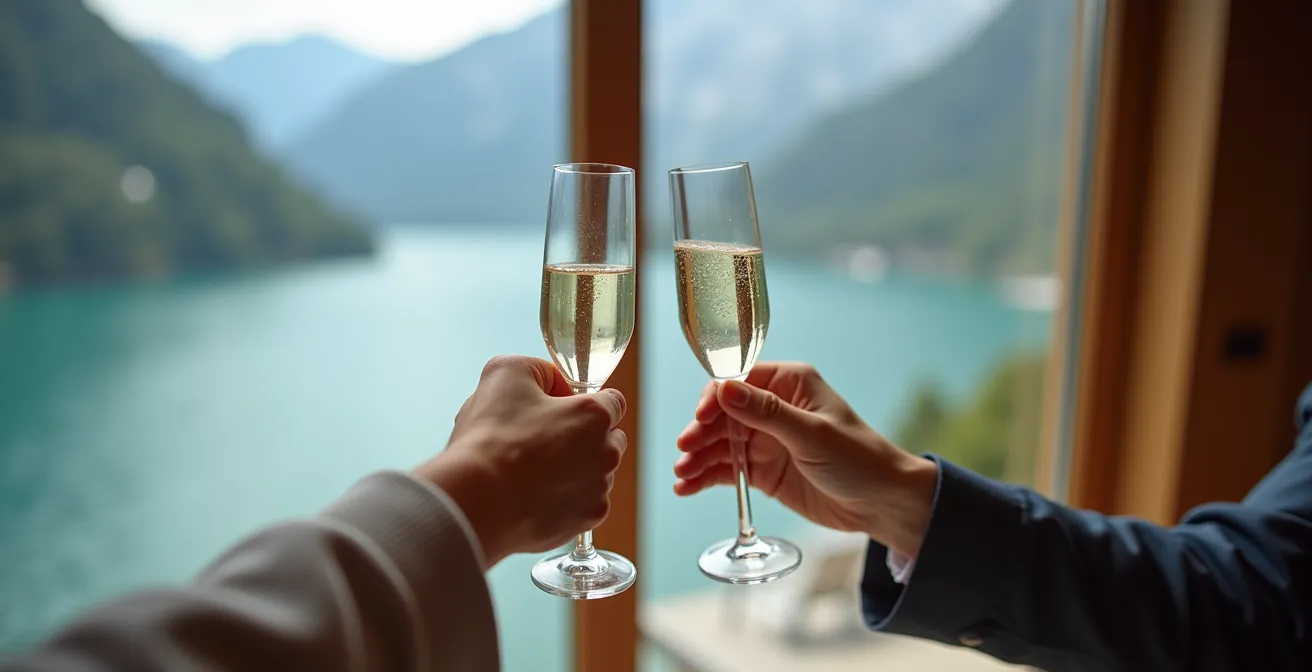 Gros plan sur des mains tenant des coupes de champagne avec reflets du lac en arrière-plan