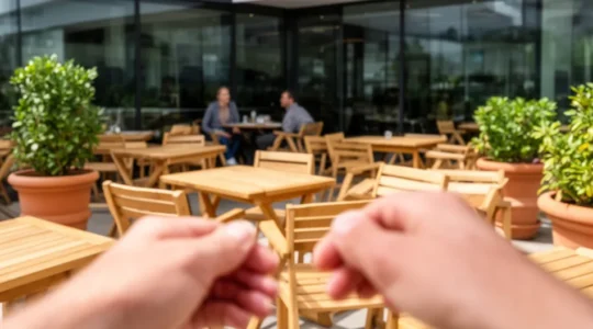 Terrasse ensoleillée de restaurant avec tables dressées et convives en arrière-plan