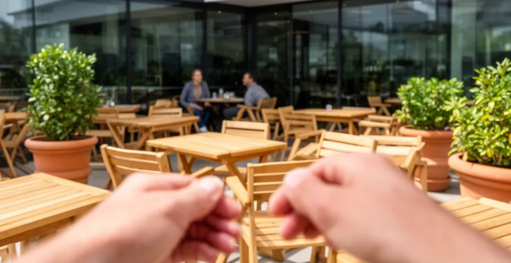 Terrasse ensoleillée de restaurant avec tables dressées et convives en arrière-plan