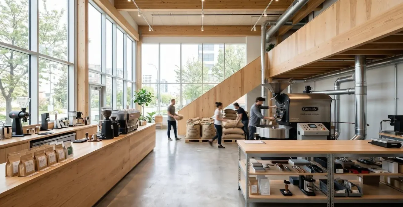Atelier de torréfaction artisanale moderne baigné de lumière naturelle avec sacs de café en jute et équipement professionnel