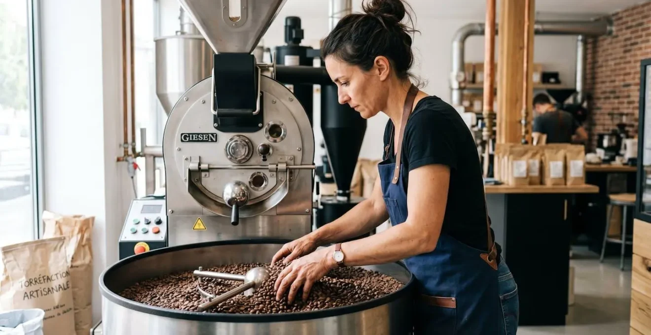 Artisan torréfacteur de profil manipulant des grains de café dans un atelier moderne lumineux