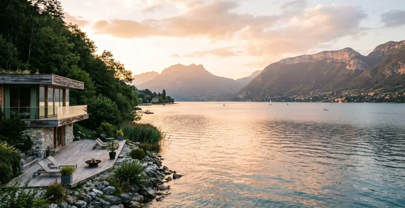 Vue panoramique sur le lac d'Annecy depuis une terrasse spa contemporaine au coucher du soleil, montagnes en arrière-plan dans une lumière dorée