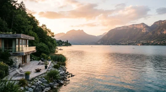 Vue panoramique sur le lac d'Annecy depuis une terrasse spa contemporaine au coucher du soleil, montagnes en arrière-plan dans une lumière dorée