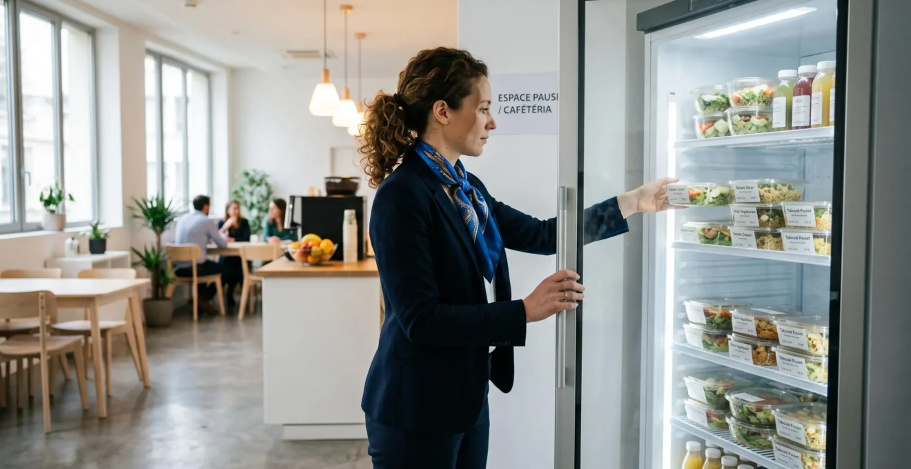 Employé prenant un repas frais dans un grand réfrigérateur connecté vitré installé dans un espace de pause d'entreprise moderne