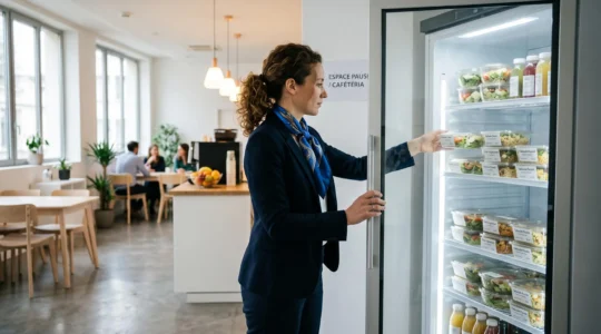 Employé prenant un repas frais dans un grand réfrigérateur connecté vitré installé dans un espace de pause d'entreprise moderne
