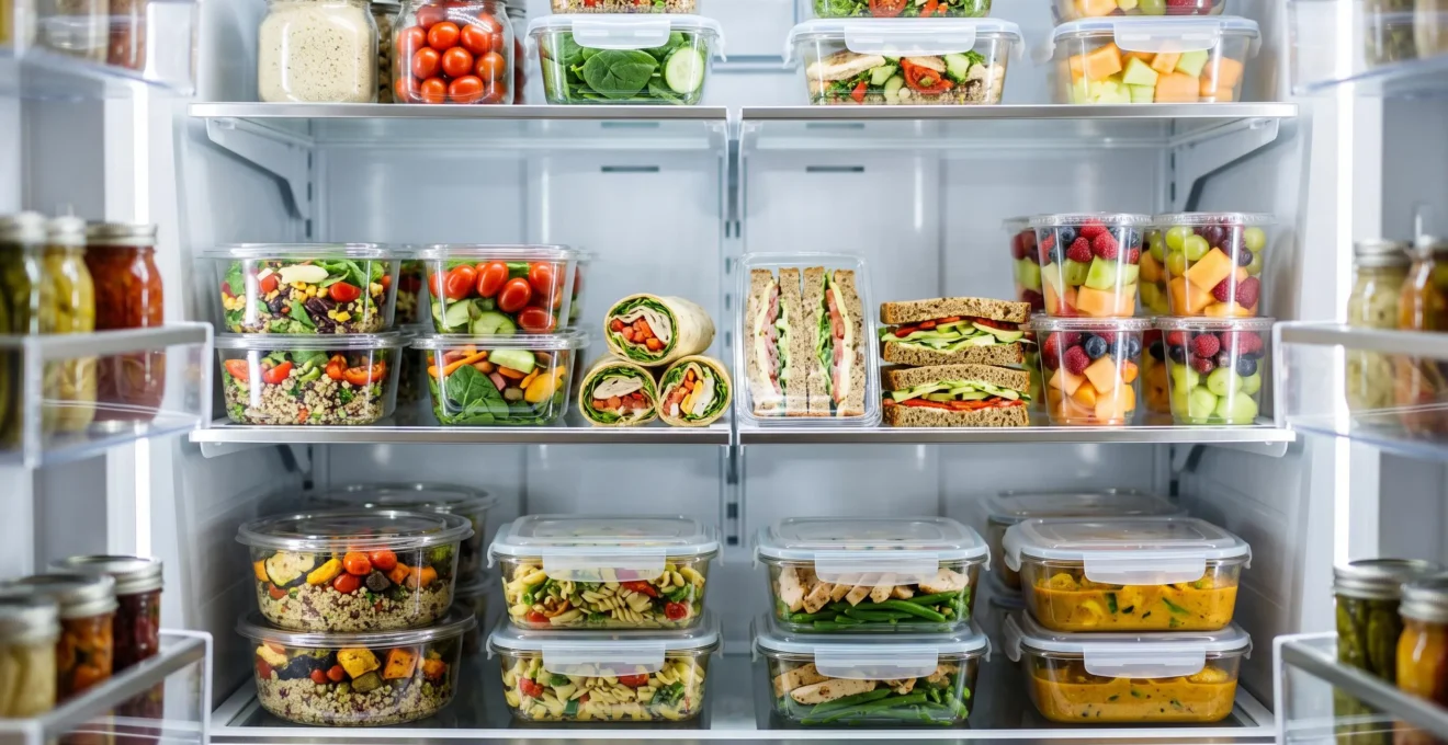 Intérieur d'un réfrigérateur connecté présentant plusieurs étagères de plats préparés frais, salades et sandwiches dans des contenants transparents neutres