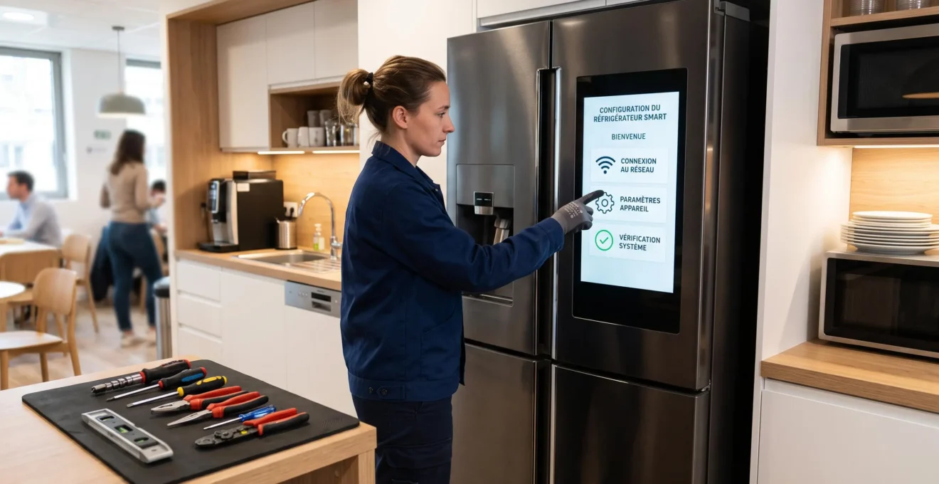 Technicien en vêtements de travail unis installant et configurant un équipement de réfrigération connectée dans un espace de pause professionnel