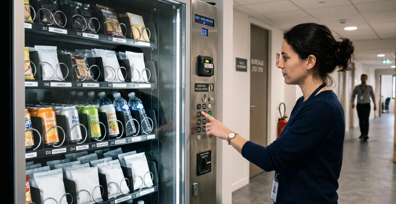 Main d'un employé sélectionnant un produit sur un distributeur automatique dont le mécanisme à spirale est visible à travers la vitre transparente